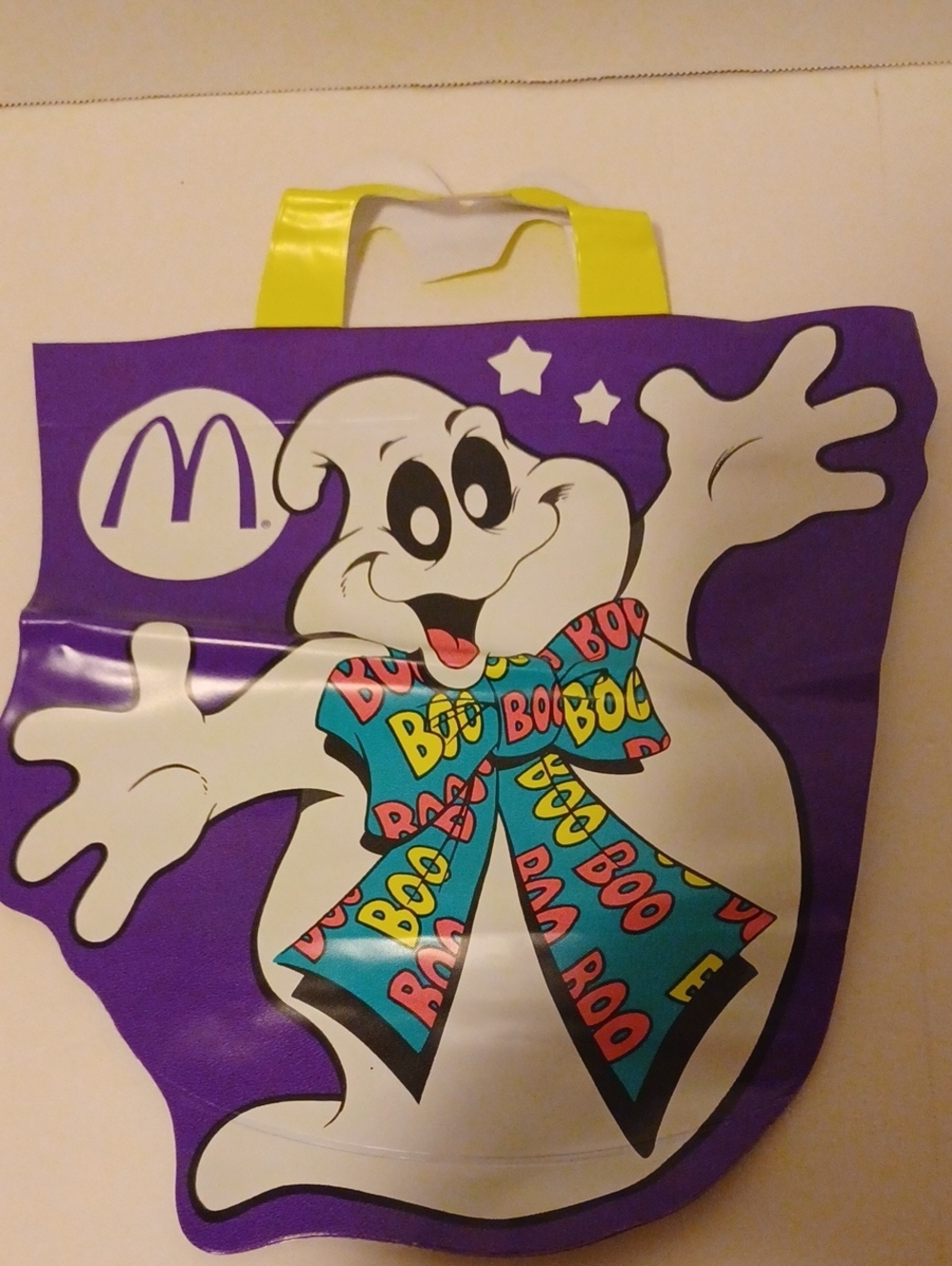 McDonald's Purple Ghost Treat Bag with Yellow Handle and Multicolor Bow